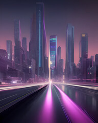 Fototapeta premium digital illustration of a futuristic cityscape at night. The sky is painted in shades of pink and purple, with a large moon. The city has a futuristic look. There is a road in the foreground, in the m
