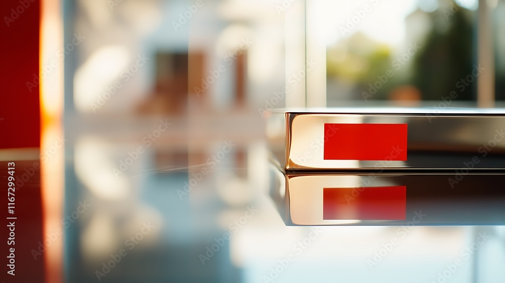 Poster close-up of a sleek metallic box with a red label reflecting on a glossy surface.