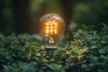 ecofriendly lightbulb surrounded by lush green plants symbolizing renewable energy and sustainability set against a soft natural backdrop that emphasizes the harmony between technology and nature