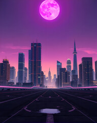 Fototapeta premium digital illustration of a futuristic cityscape at night. The sky is in shades of pink and purple, with a large pink moon in the center. The city is made of tall skyscrapers 