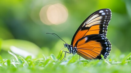 Fototapeta premium A close-up of a vibrant orange and black butterfly resting on green grass.