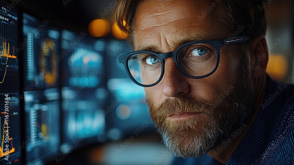 Poster man analyzing data on multiple screens in dimly lit room