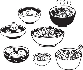 Korea Doodles Set. Traditional Korean Clip Art. Cultural Icons Illustration Foods Noodles Meat