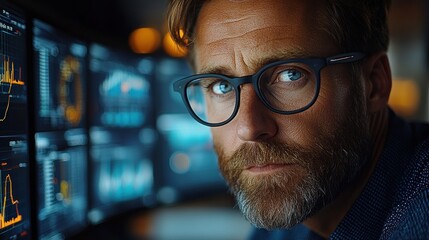 Man analyzing data on multiple screens in dimly lit room