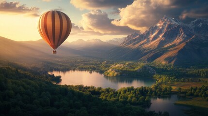 Hot air balloon flying over the mountains and lake, a beautiful landscape with a dramatic sky, leaving ample copy space for the text. The golden hour light creates a photo-realistic effect, reminiscen