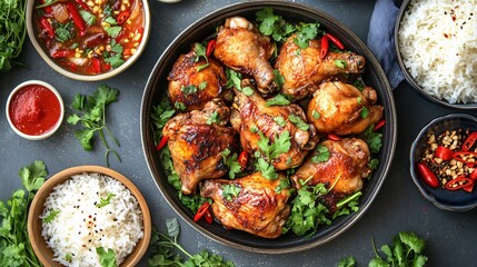 Vibrant Overhead Shot of a Chicken Adobo Feast with Rice and Condiments Festive