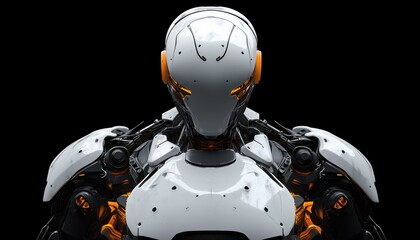 Futuristic Mech Soldier: A Black Military Robot Warrior With White And Gray Metal Armor, Scratched Armor, Orange Paint. Front-Facing Rendering.