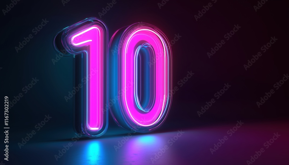 Poster digital symbol render: pink blue gradient neon light glowing in the dark - the tenth number in a ser