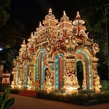 Well decorated outside look of a Durga puja pandal(temporary temple made for durga puja festival) in Kolkata.