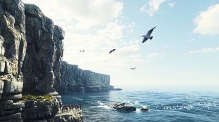 Ancient Stone Age Gathering: Cliffside Ocean View of Early Humans Watching Waves with Seagulls Soaring Above