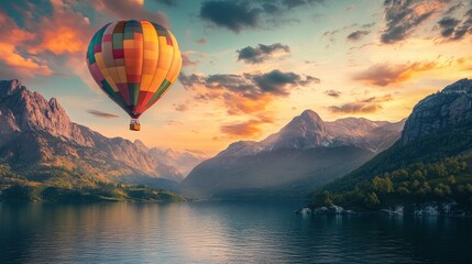 Fototapeta premium Hot air balloon flying over the mountains and lake, a beautiful landscape with a dramatic sky, leaving ample copy space for the text. The golden hour light creates a photo-realistic effect, reminiscen