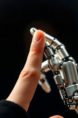 The human finger delicately touches the finger of a robot's metallic finger. Concept of harmonious coexistence of humans and AI technology.