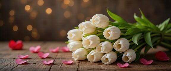 Elegant white tulips on a wooden surface with bokeh lights, a romantic and delicate scene, ideal for spring or floral designs with text space.