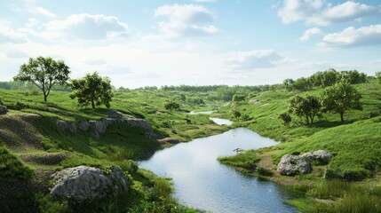 Serene Stone Age Valley: Early Humans Fishing and Gathering in Lush Wilderness - Photorealistic Ultra-Detailed Scene