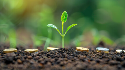 Seedling Growing Among Coins in Soil
