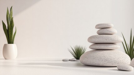 Serenity in Simple Wellness Space with Stones and Plants