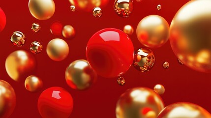 3D abstract composition with bold red and gold spheres and smooth shapes, symbolizing abundance and festivity.