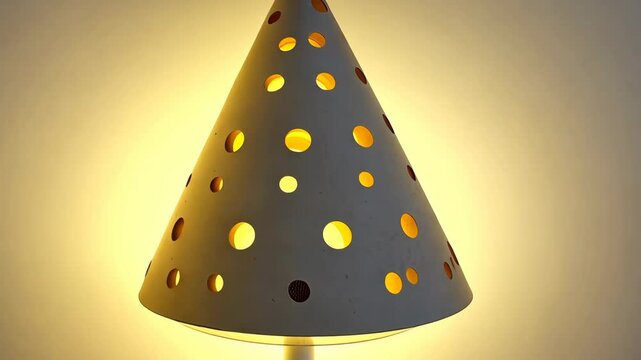 Unique cone-shaped lamp casting warm light with perforated design, perfect for modern decor