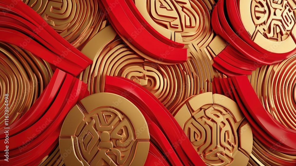Poster 3d abstract design for chinese new year with intricate red and gold interlocking shapes, symbolizing