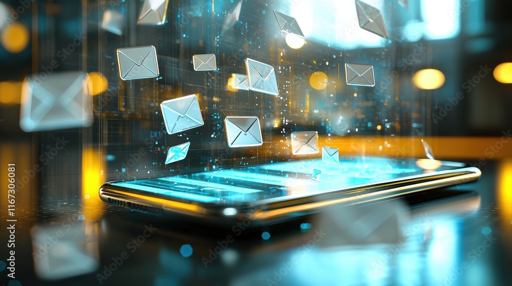 Poster digital mailbox overflow: a smartphone displaying an inbox full of incoming emails