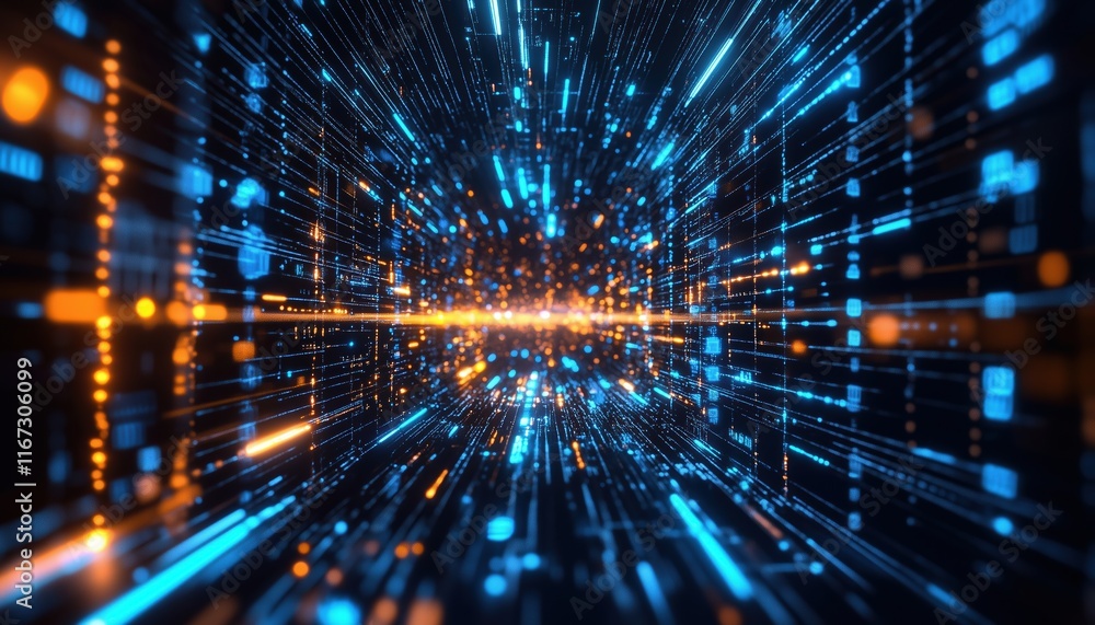 Poster neon lights and flash render: high-speed motion blur on dark scene of future technology and interste