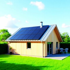 solar panels on garden summer house bright blue sky