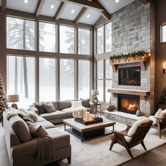 Fototapeta premium a living room with a fireplace and a large window with a view of the snow covered trees outside the window, Bourgeois, minimalism, warm lighting, a digital rendering