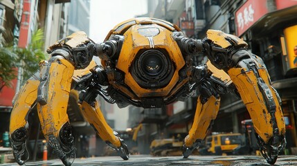 Yellow robot spider patrols futuristic city street amidst construction.
