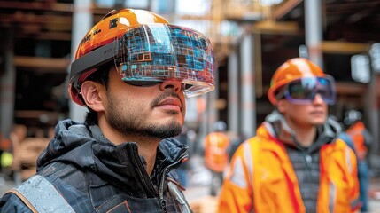 Construction worker using AR headset at job site, reviewing blueprints.