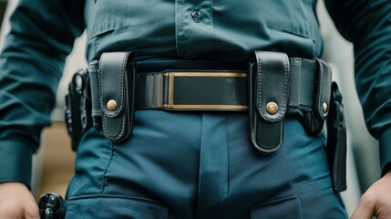 Close-up of a police officer's belt with equipment and accessories.