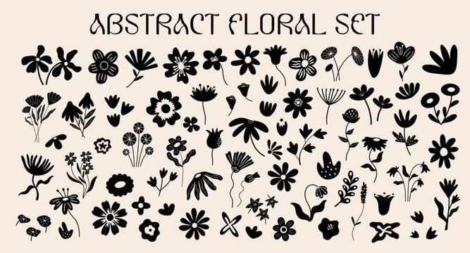 Abstract plants cutouts shapes and forms design elements set. Simple floral vector illustration collection, different types of summer or spring exotic leaves and flowers decorative stickers 
