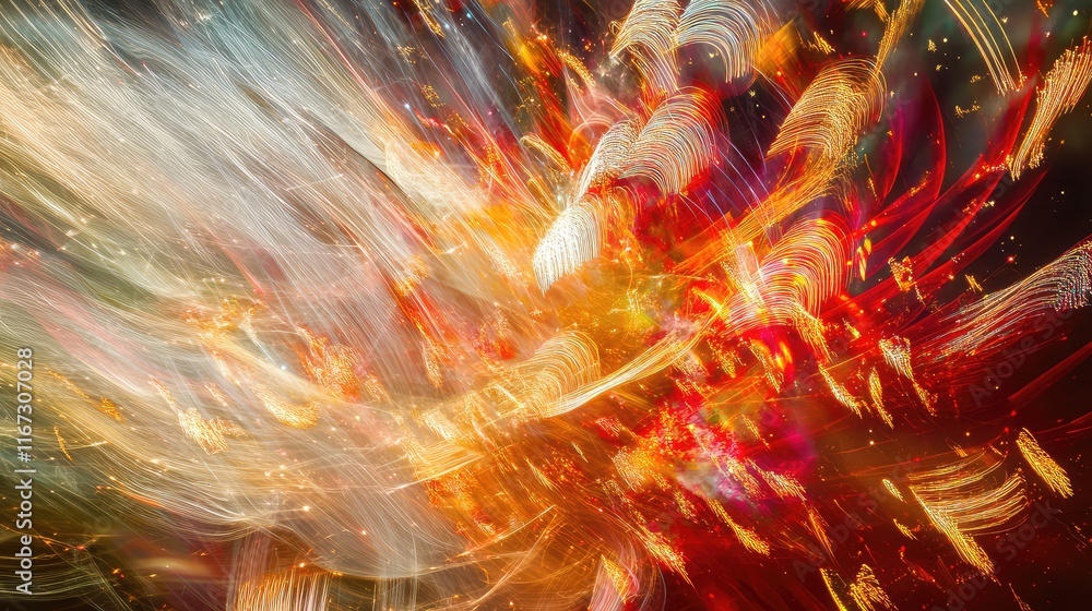 Poster a cascade of abstract fireworks in gold and red, with sparkling trails and colorful light reflection