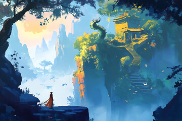 A serene landscape with a mystical temple, a winding staircase, and a dragon amidst nature.