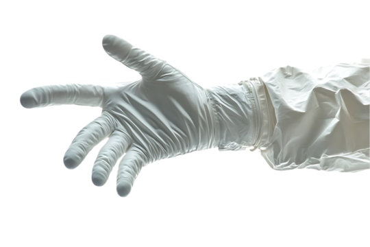 A gloved hand reaching out, symbolizing safety and hygiene in various contexts.