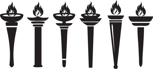 Fire torch flame icons set. Classical Olympic games sign as symbol of Victory, success or achievement. Burning flame torches in high quality for poster, banner or flyer designing.