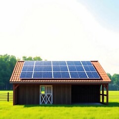 Fototapeta premium solar panels on wooden farm shed roof green field on a sunny day 