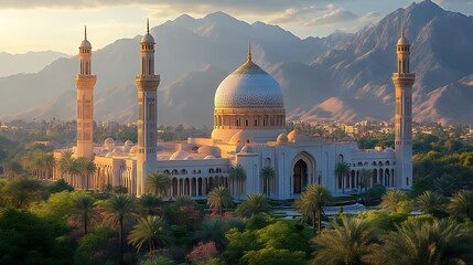 Naklejka premium Majestic mosque at sunset, mountains backdrop.