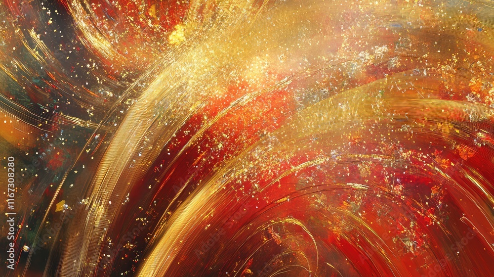 Poster a cascade of abstract fireworks in gold and red, with sparkling trails and colorful light reflection