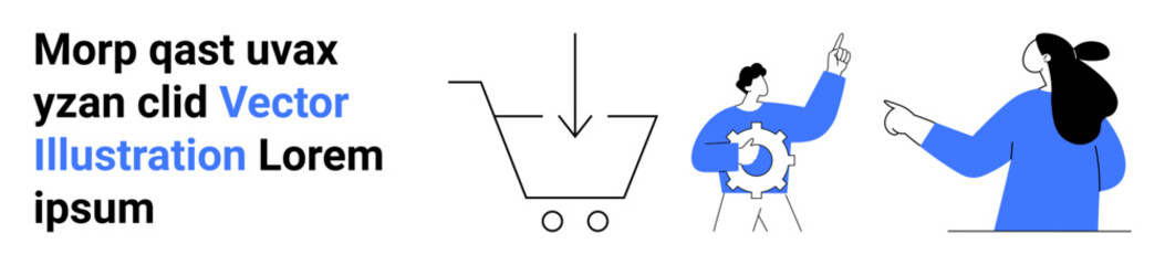 Two people interacting, pointing towards a shopping cart and a download arrow. Ideal for e-commerce, online shopping, digital marketing, web design, teamwork, business strategy, and presentations