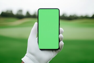 Hand Holding Smartphone with Blank Green Screen on Golf Course