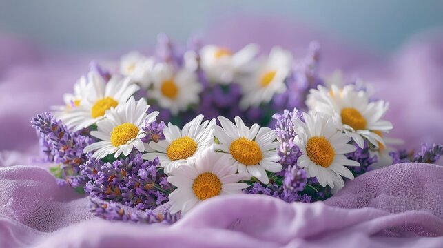 Daisy & lavender wreath on purple fabric, soft background.