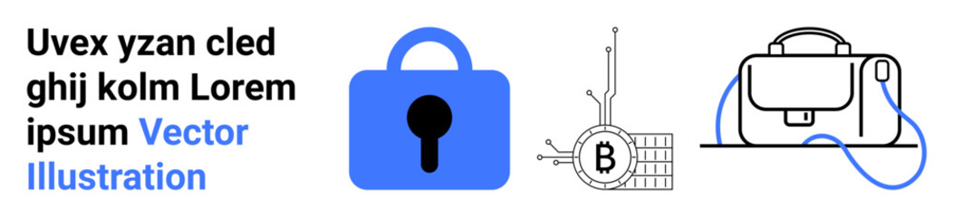 Blue padlock representing security, blockchain network with Bitcoin symbol, and briefcase outline signifying protection. Ideal for tech, finance, cybersecurity, investments, digital security