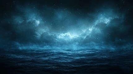 Fototapeta premium Dark ocean waves under cloudy night sky with bright moonlight, background/backdrop.