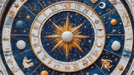 Obraz premium Zodiac Signs in Horoscope Circle with Stars and Moons, Astrology and Horoscopes Concept.