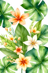 Obraz premium A vibrant floral arrangement featuring pink and white hibiscus flowers with lush green leaves on a white background. Greeting or wedding card decoration.
