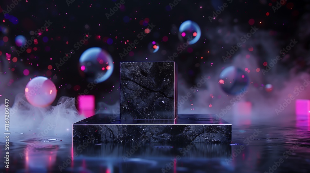 Aufkleber a dynamic 3d abstract wallpaper with floating spheres and cubes, reflective surfaces in chrome and v