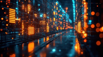 Data center corridor with glowing servers, digital information flow.