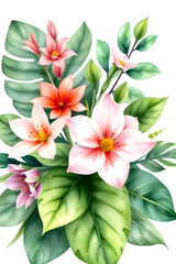 A vibrant floral arrangement featuring pink and white hibiscus flowers with lush green leaves on a white background. Greeting or wedding card decoration.