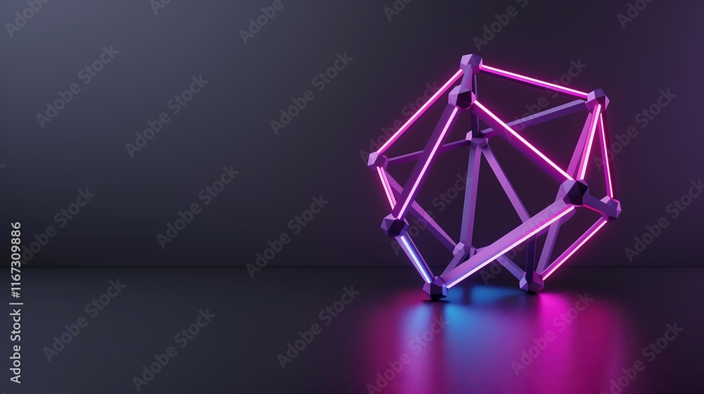 Poster a geometric 3d abstract wallpaper with interconnected metallic polygons, glowing edges in cyan and m