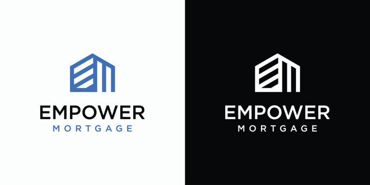 Vector logo design of initial letters E and M in the shape of a house with a modern, simple, clean and abstract style. Icon for business, architect, construction and personal branding.